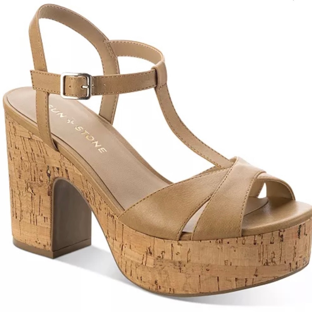 Sun and Stone Cork Wedge Dress Sandals, Sz 7